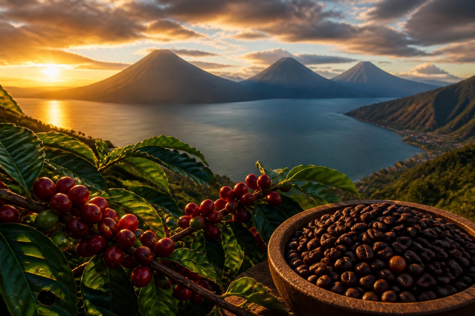 Paisaje volcánico del Lago de Atitlán Guatemala con cerezas y granos de café tostado en primer plano