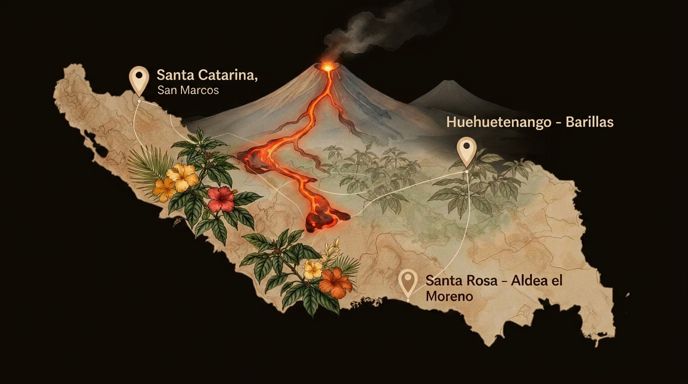 Mapa de Guatemala con marcadores de origen del café en Santa Catarina San Marcos, Huehuetenango Barillas y Santa Rosa Aldea el Moreno