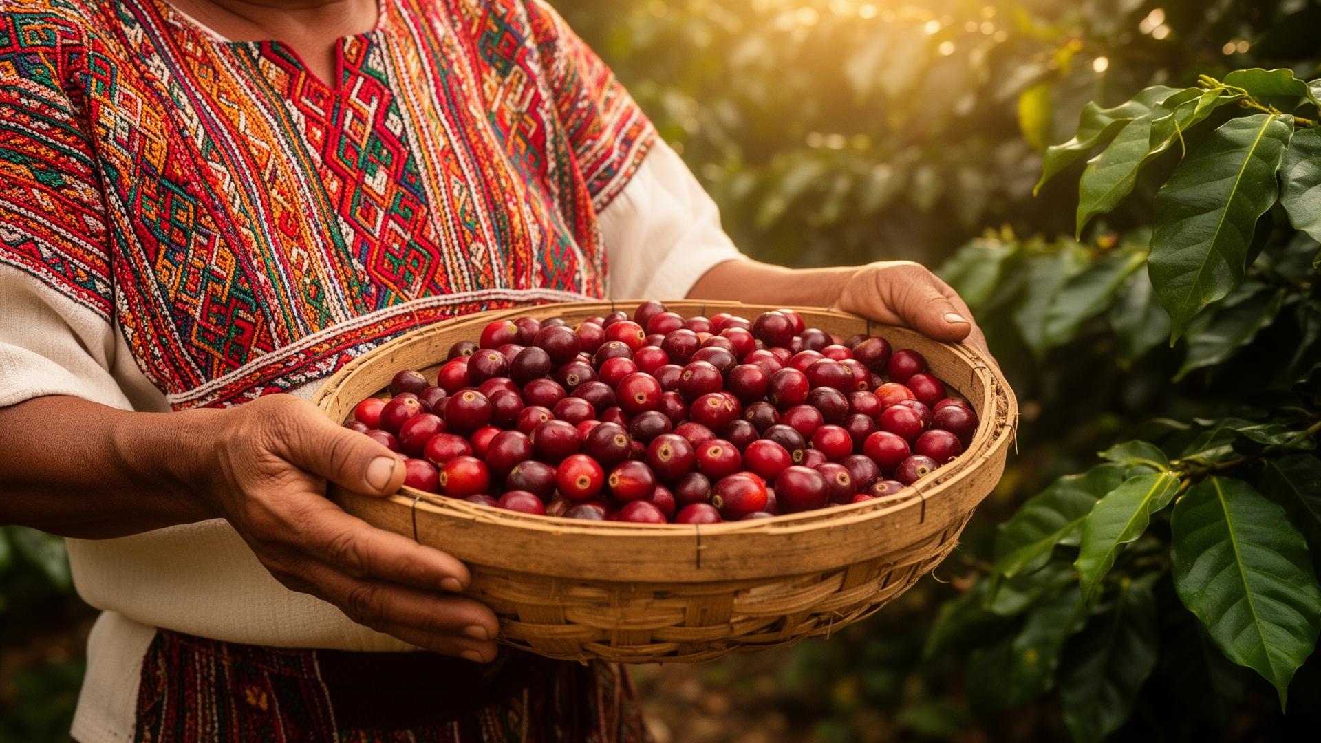 Manos de caficultora guatemalteca con huipil tradicional sosteniendo cerezas de café