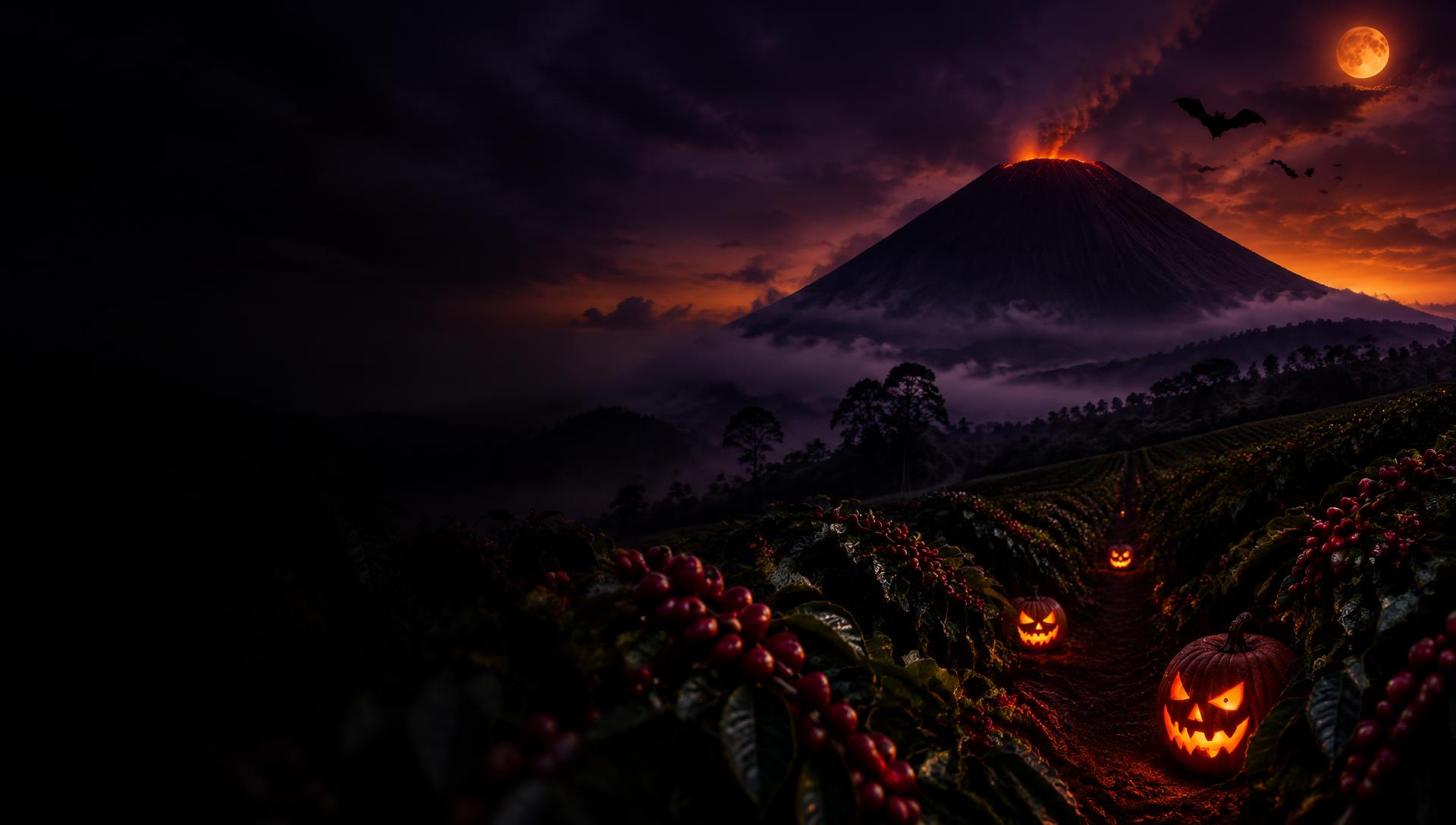 Volcán en erupción la noche de Halloween sobre cafetales con calabazas iluminadas